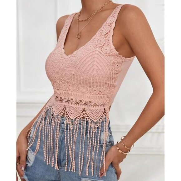 Pink Embroidered Lace Fringe Crop Top Tassel V-Neck Sleeveless Tank Top Cami - Picture 2 of 5
